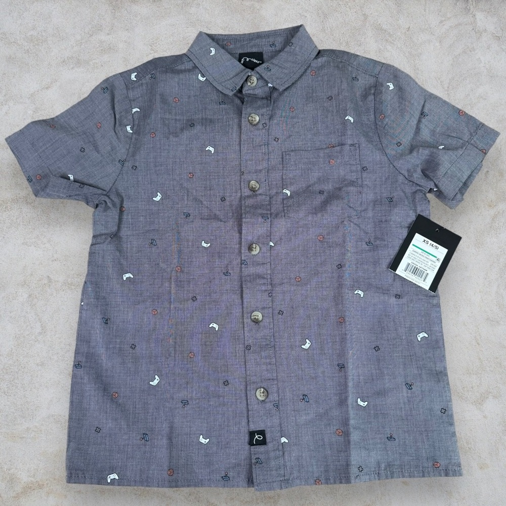 Art Class Video Game Theme Button Down Collared Shirt Boy XS 4/5